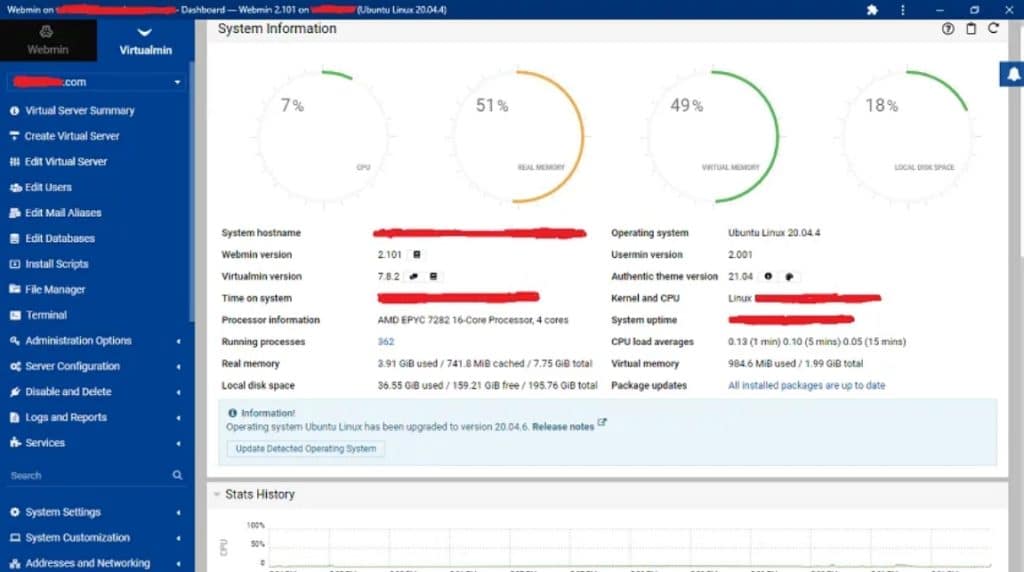 Interface Webmin/Virtualmin de Contabo