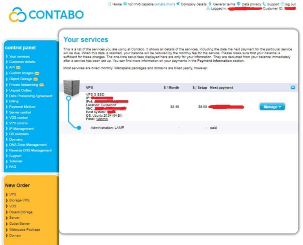 Interface utilisateur Contabo