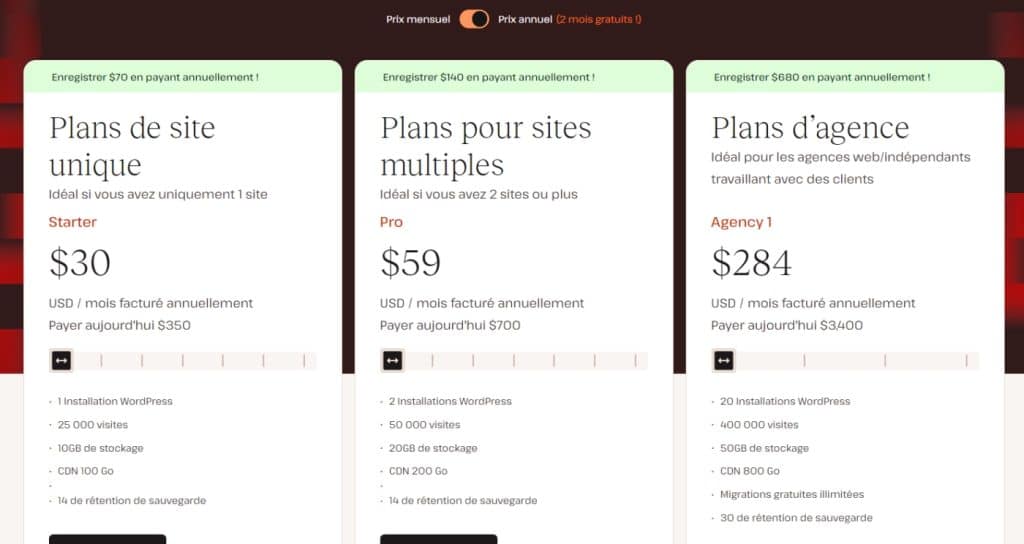 Prix des plans de Kinsta. Facturation annuelle