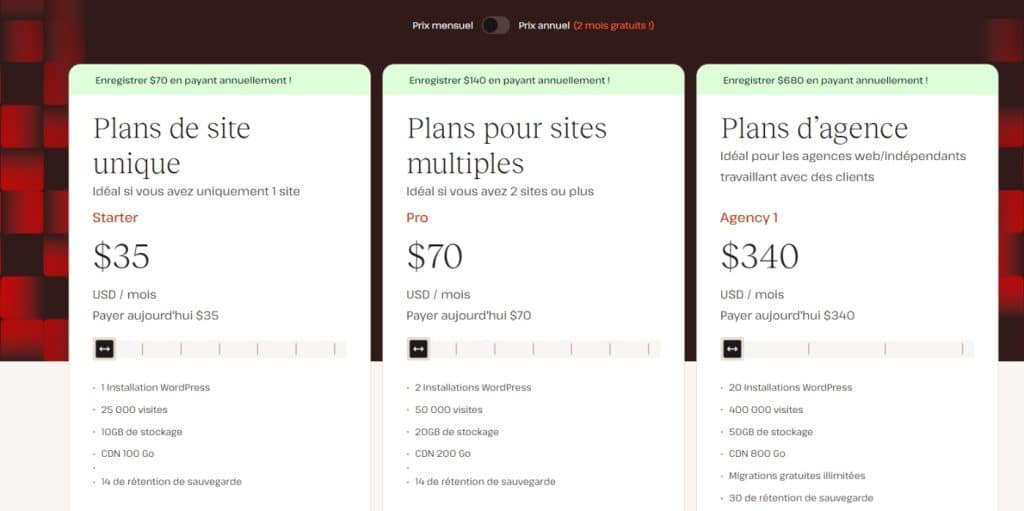 Prix des plans de Kinsta. Facturation mensuelles