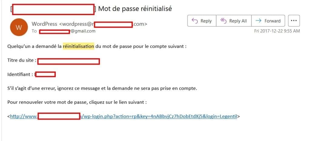 Réception de l'e-mail de réinitialisation