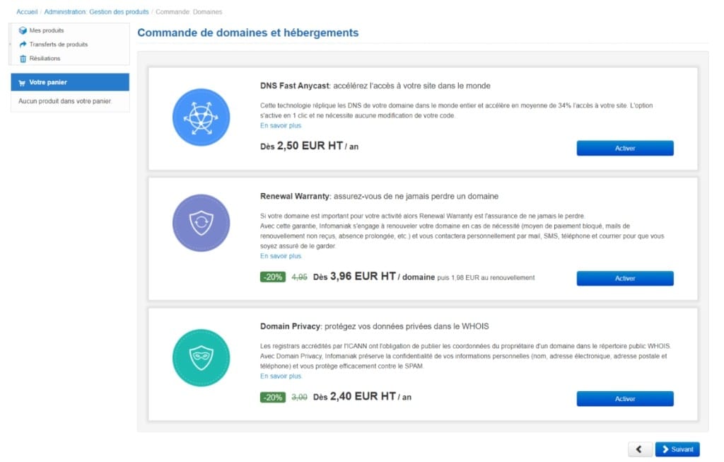 Options supplémentaires pour votre domaine