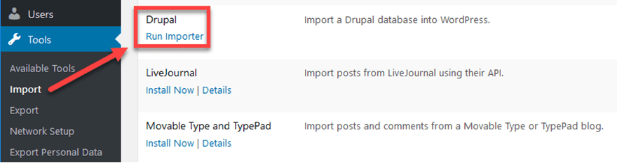 Lancer l'importation de Drupal vers WordPress