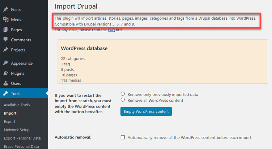 ce plugin importe des données spécifiques du site Drupal vers WordPress