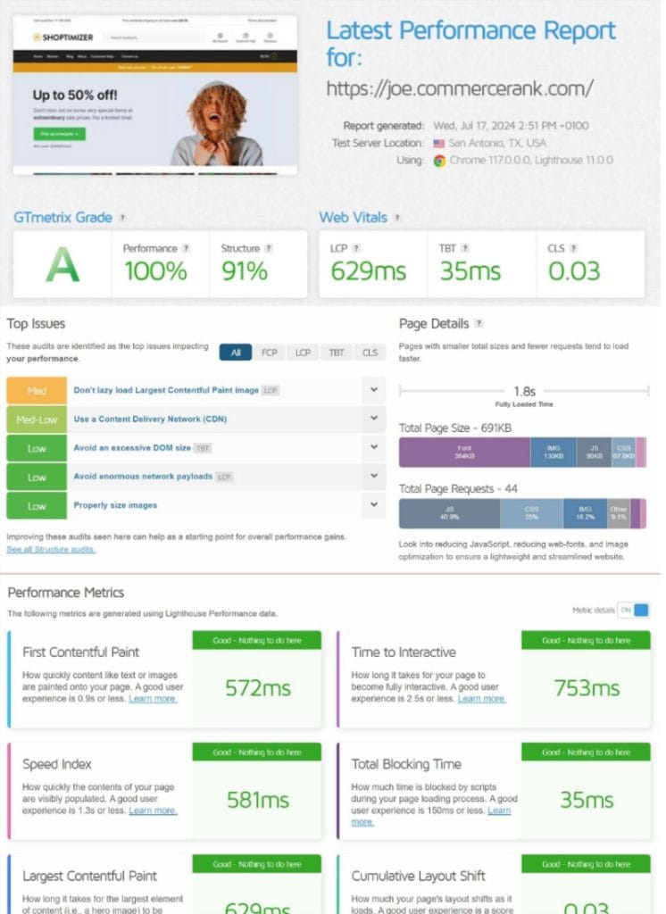 Avec FlyingPress (configuration par défaut) : 1,8 secondes, soit une amélioration de 43 %.