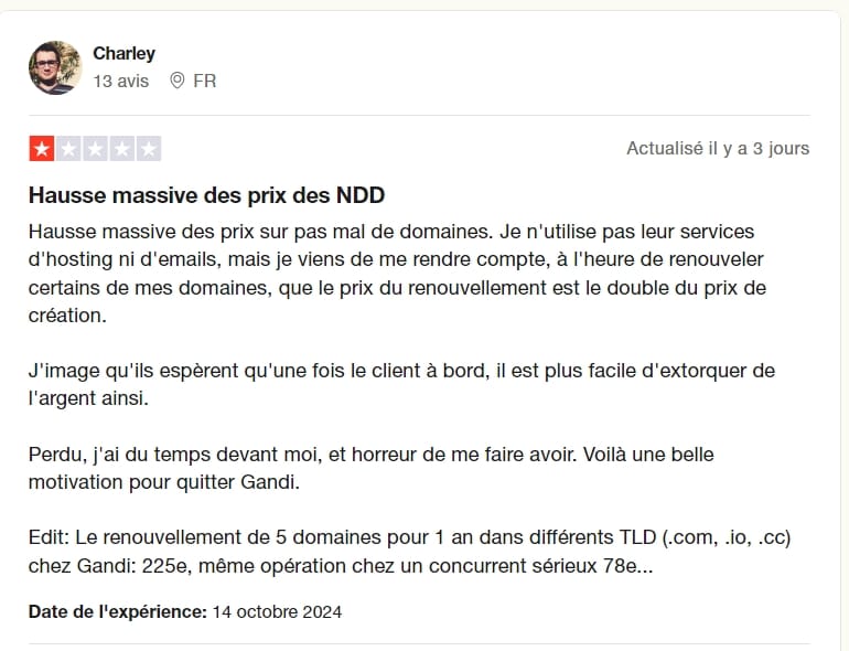 Exemple 1 de client de Gandi insatisfait