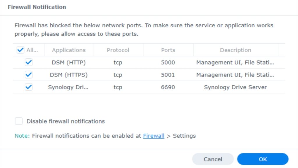 configuration du pare-feu dans DSM, avec les règles pour autoriser le trafic HTTP/HTTPS