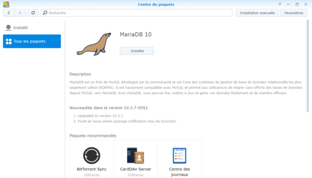 Installation base de données MariaDB Nas synology