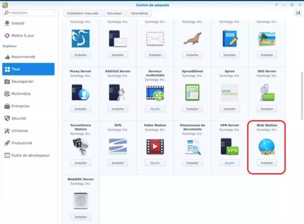 Installation de Web Station depuis le Centre de paquets