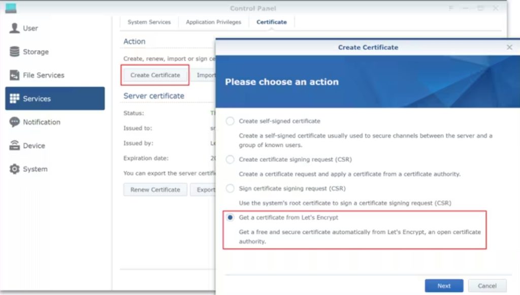 Configuration du certificat SSL via Let’s Encrypt dans DSM